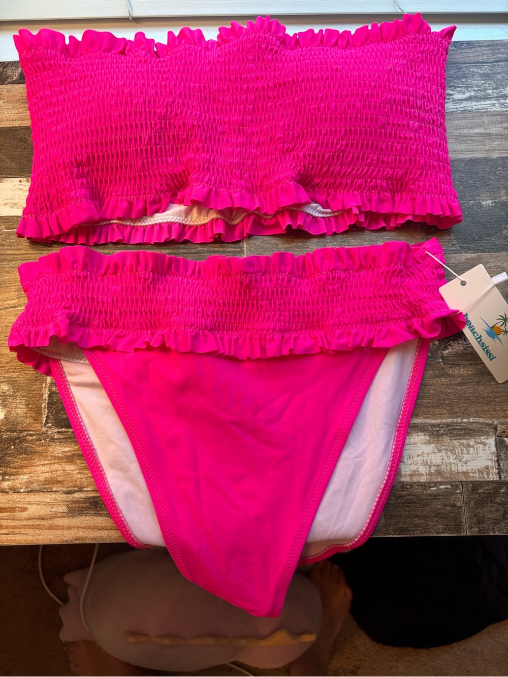 Smocked Ruffle Bandeau Bikini Set - Hot Pink